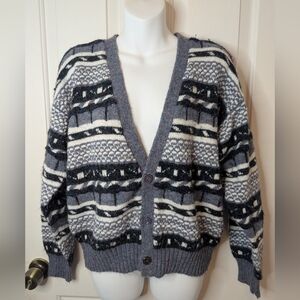 Concrete Mix Vintage 90's Chunky Knit Black/White/Gray Cardigan Adult L (16-18)